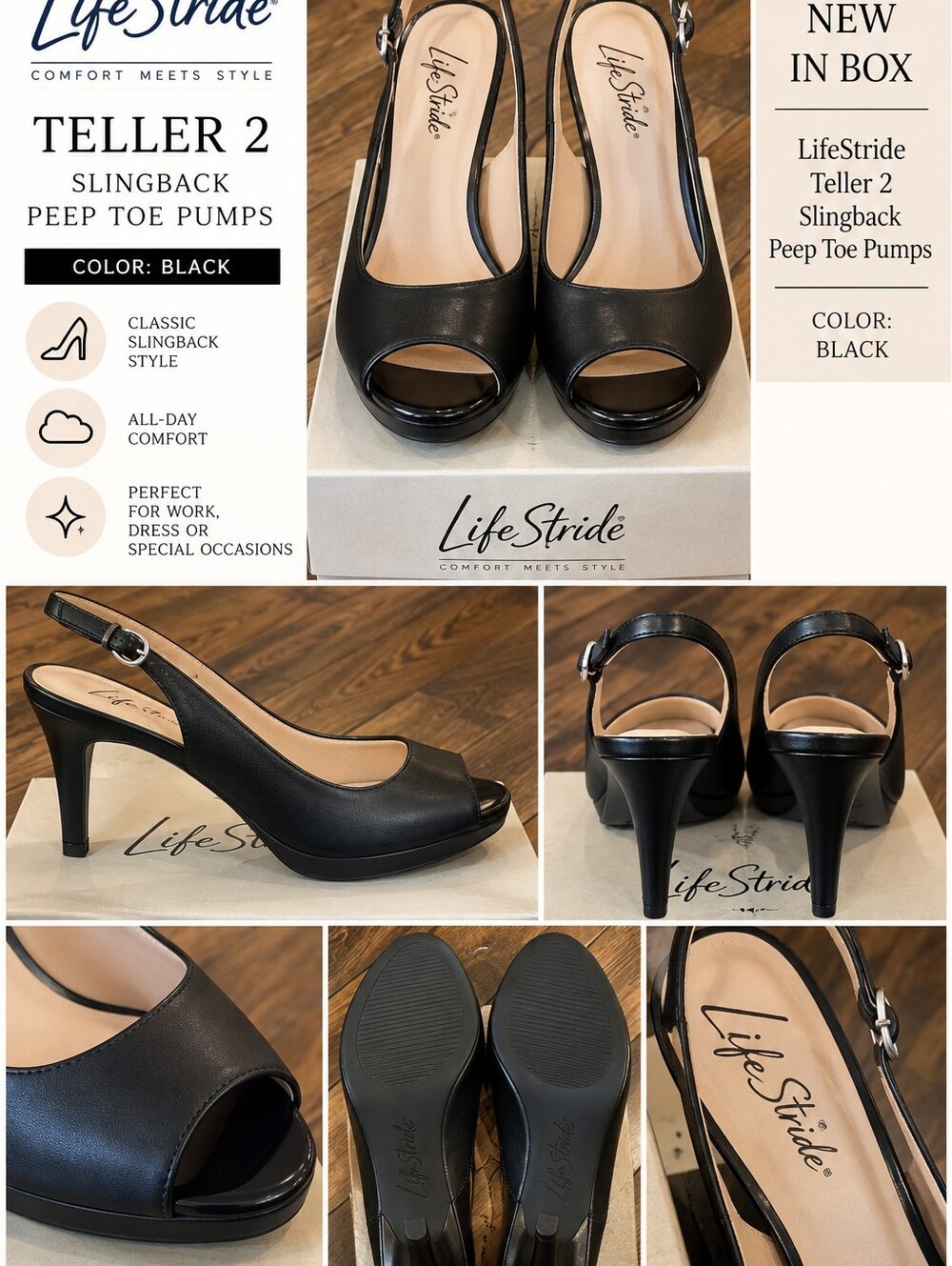 Life Stride Black Slingback Peep Toe Heels NIB